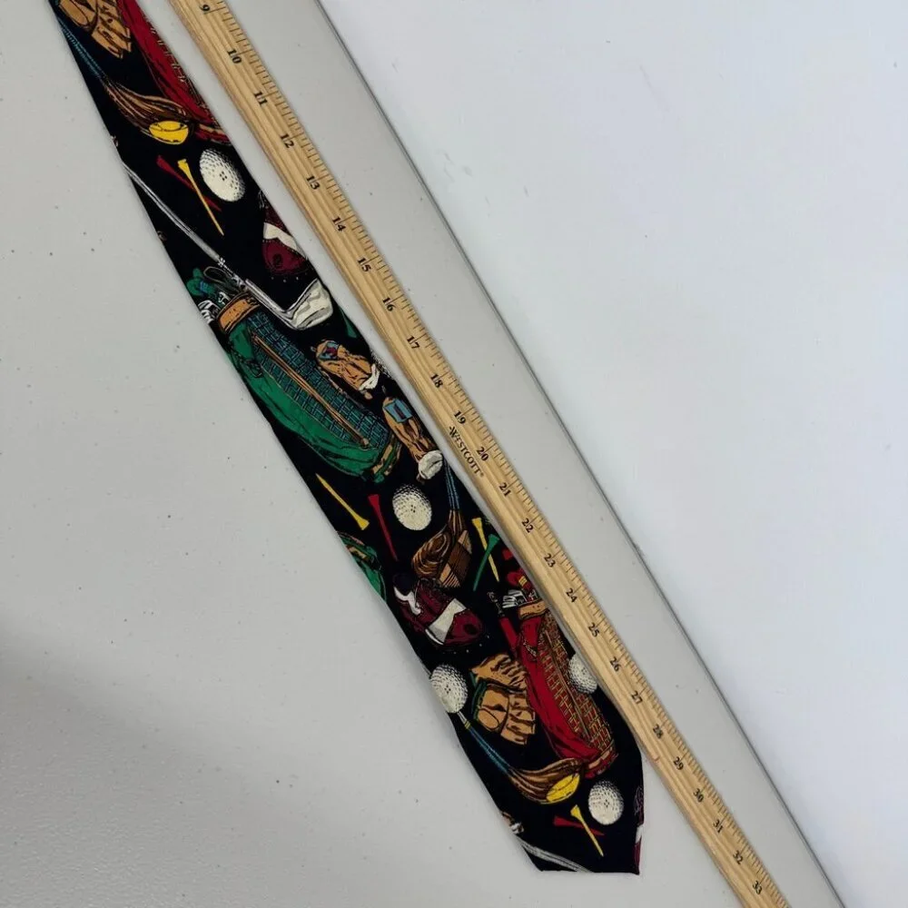 Vintage Golf Theme Silk Tie Black Novelty Golf Clubs Balls Summer Event Funky